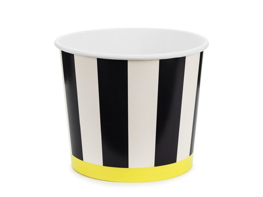Black and white striped paper snack bucket with yellow trim, ideal for serving popcorn or treats, ships across Canada.