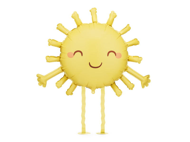 Yellow sun-shaped foil balloon with a smiling face on a white background