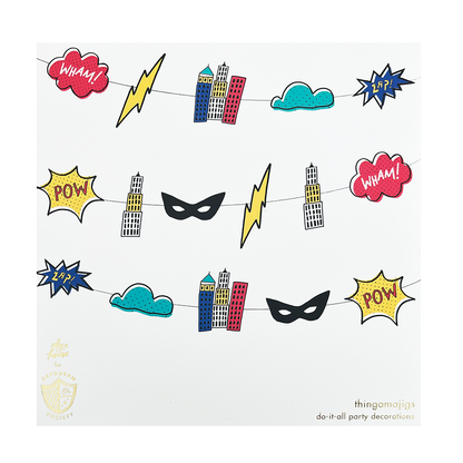 Superhero-themed party decoration with colorful elements on a white background