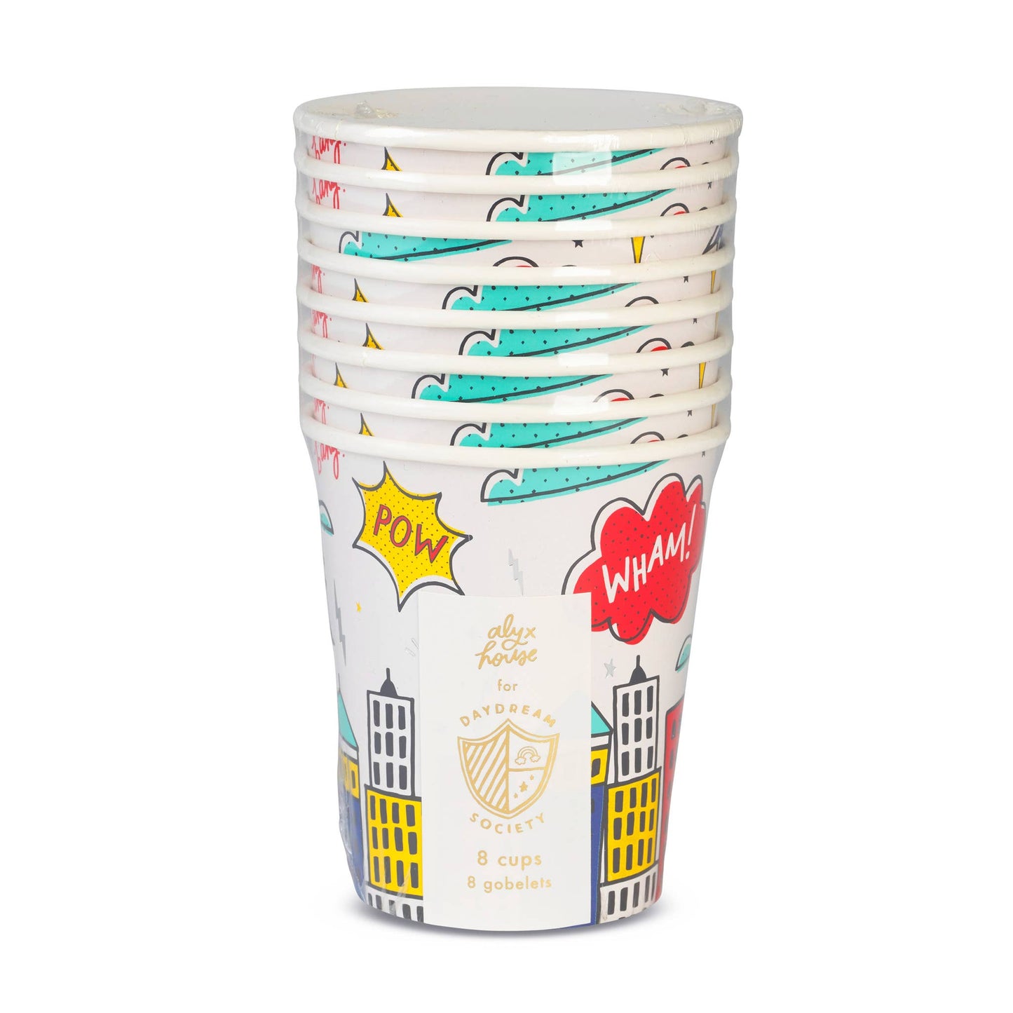 Stack of superhero city paper cups with POW and WHAM comic graphics for kids birthday parties, available at Confetti My Party Toronto