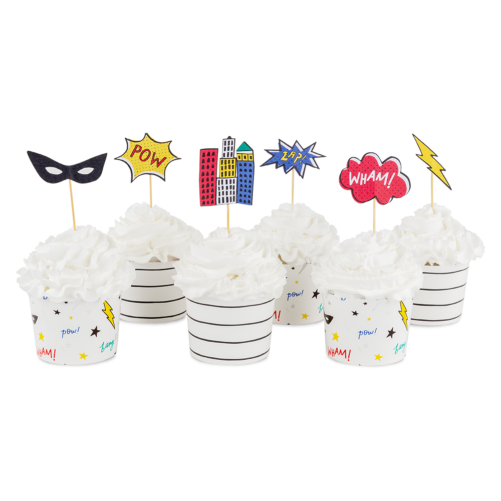 Superhero-themed cupcake toppers and wrappers on a white background