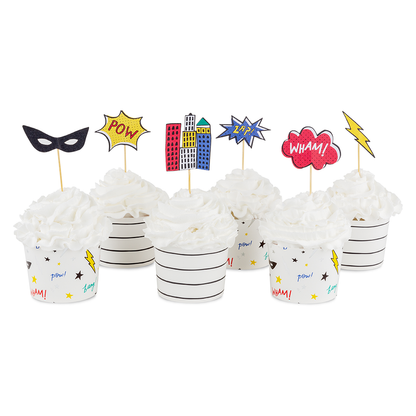 Superhero-themed cupcake toppers and wrappers on a white background