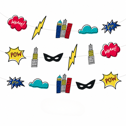 Superhero-themed party garland banner featuring embroidered comic book elements including speech bubbles reading 'Wham!', 'POW!', and 'ZAP!', lightning bolts, clouds, skyscrapers, and black masks on a white background.