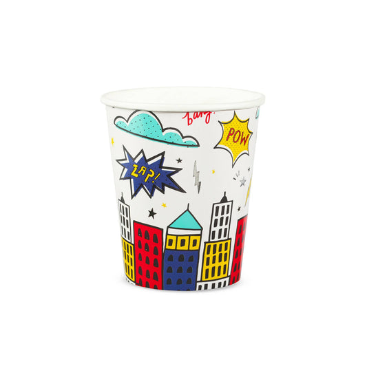Superhero city paper cup with colourful comic-style buildings and POW graphics, sold at Confetti My Party in Toronto