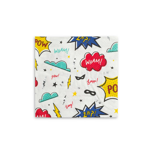 Superhero dinner napkin featuring comic-style POW and WHAM graphics with lightning bolts, sold at Confetti My Party in Toronto