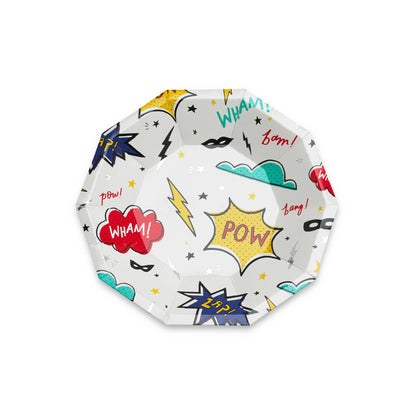 Superhero dessert plates with comic book designs, sold in Toronto at Confetti My Party
