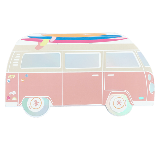 Large surf van-shaped paper plate with pastel surfboards, perfect for summer parties in Toronto and across Canada.