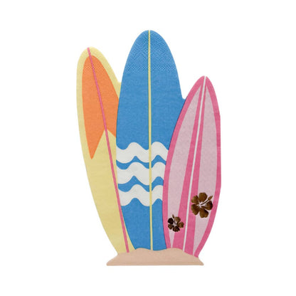 Surf’s Up surfboard-shaped guest napkins in bright beach colours, shipping across Canada
