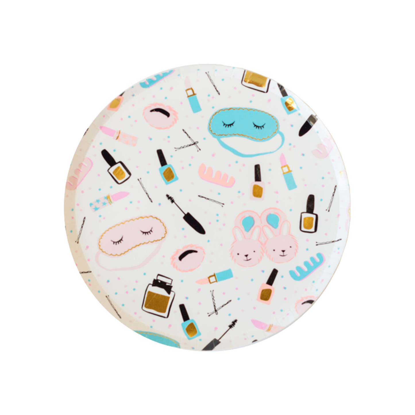 Round slumber party-themed paper plate with illustrations of sleep masks, bunny slippers, makeup items, and hair accessories in pastel colours.