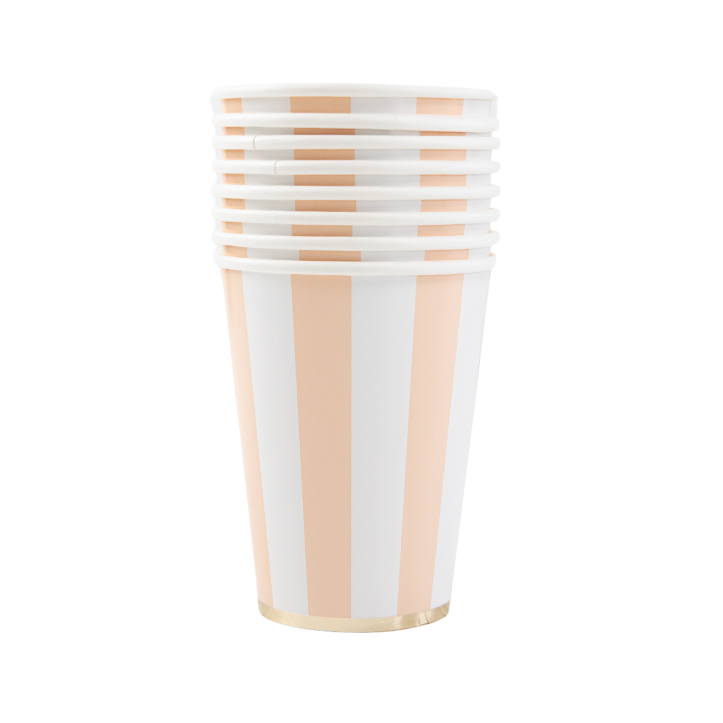 Set of striped paper cups with peach and white pattern on a white background