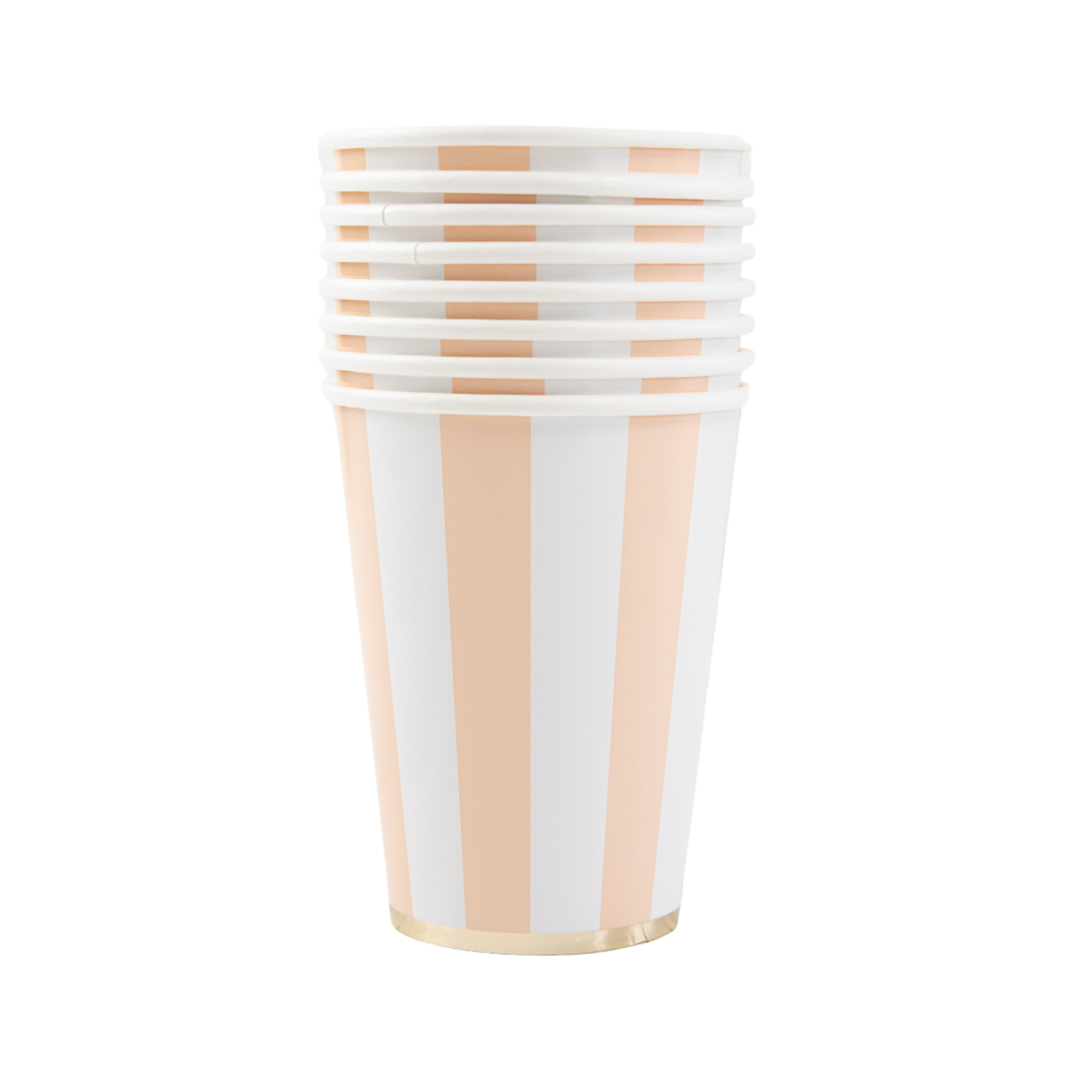 Set of striped paper cups with peach and white pattern on a white background