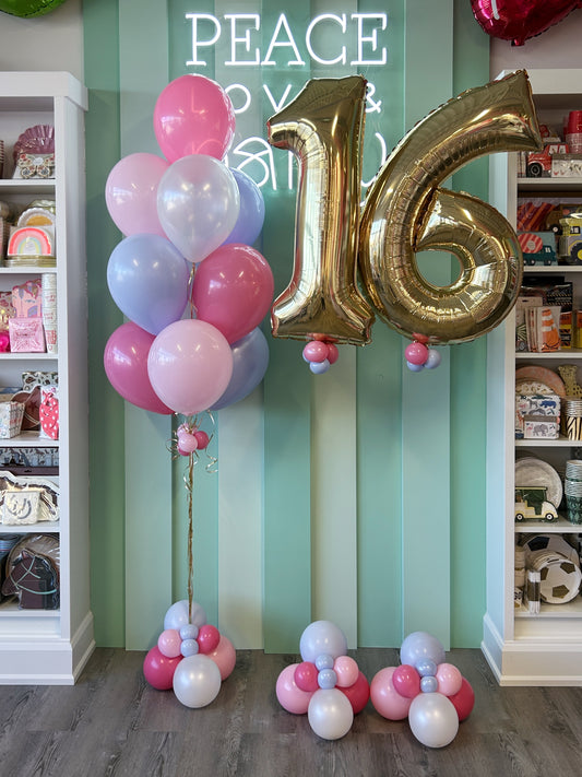 Sweet Sixteen balloon set with gold foil number balloons and pastel balloon bouquet, styled for a birthday celebration and sold in Toronto at Confetti My Party.