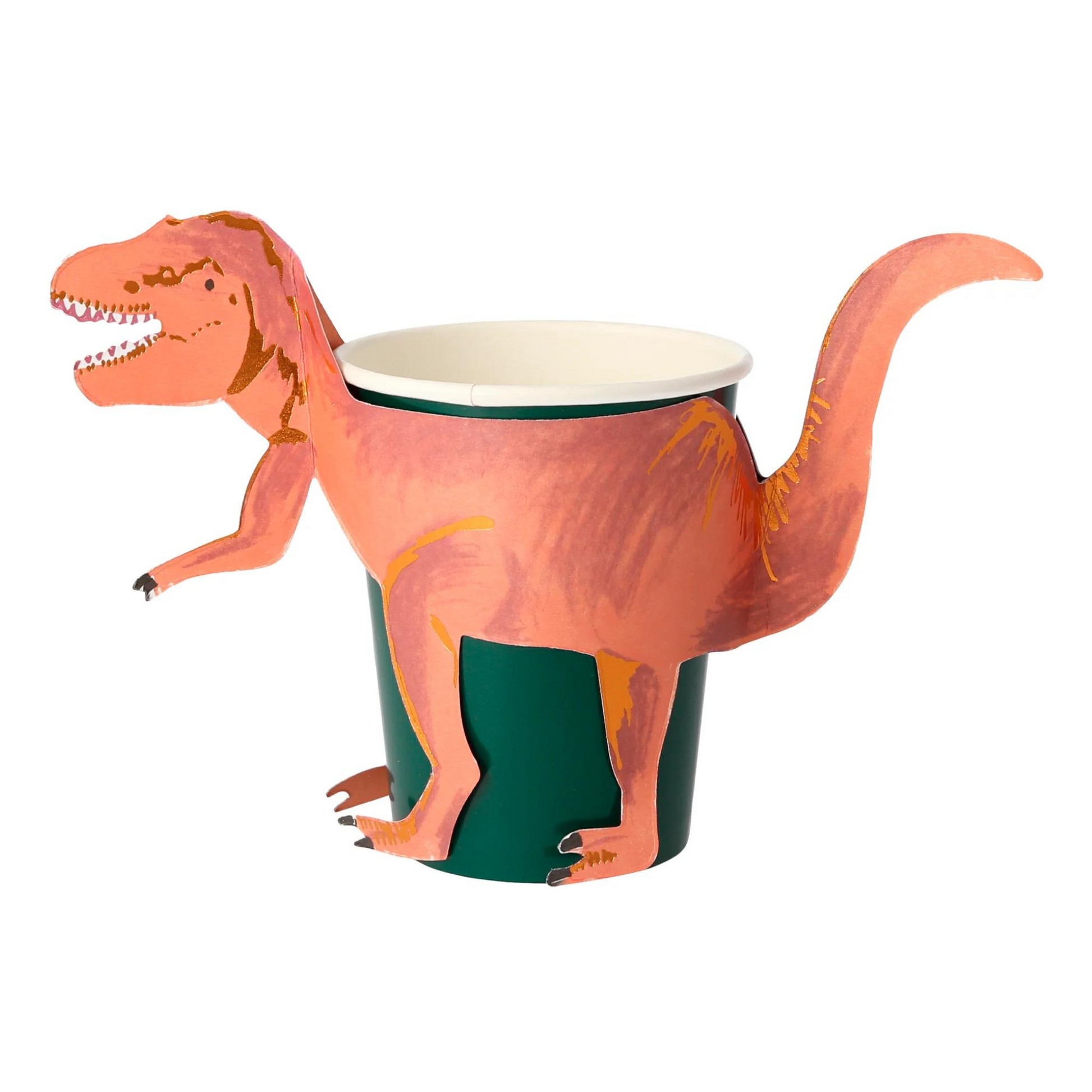 green paper cup with t-rex sleeve by meri meri
