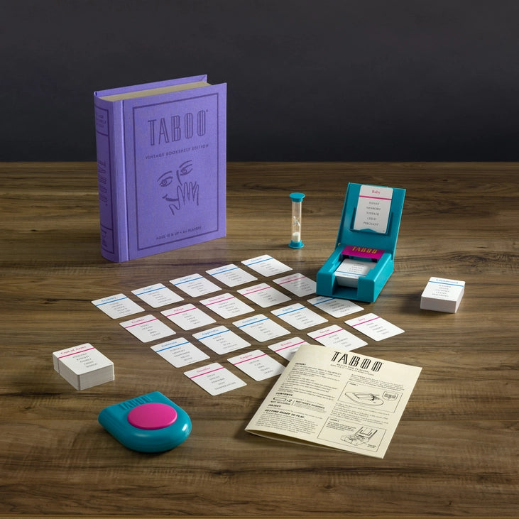Taboo game components — buzzer, timer, card holder, and 300 word cards — ready to ship across Canada and USA - sold in Toronto.