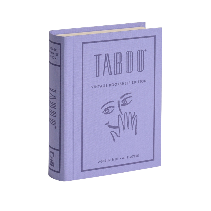 Taboo Vintage Bookshelf Edition in purple linen book box, stylish display and fun for players across Canada.