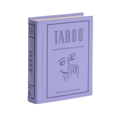 Taboo Vintage Bookshelf Edition in purple linen book box, stylish display and fun for players across Canada.
