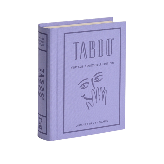 Taboo Vintage Bookshelf Edition in purple linen book box, stylish display and fun for players across Canada.
