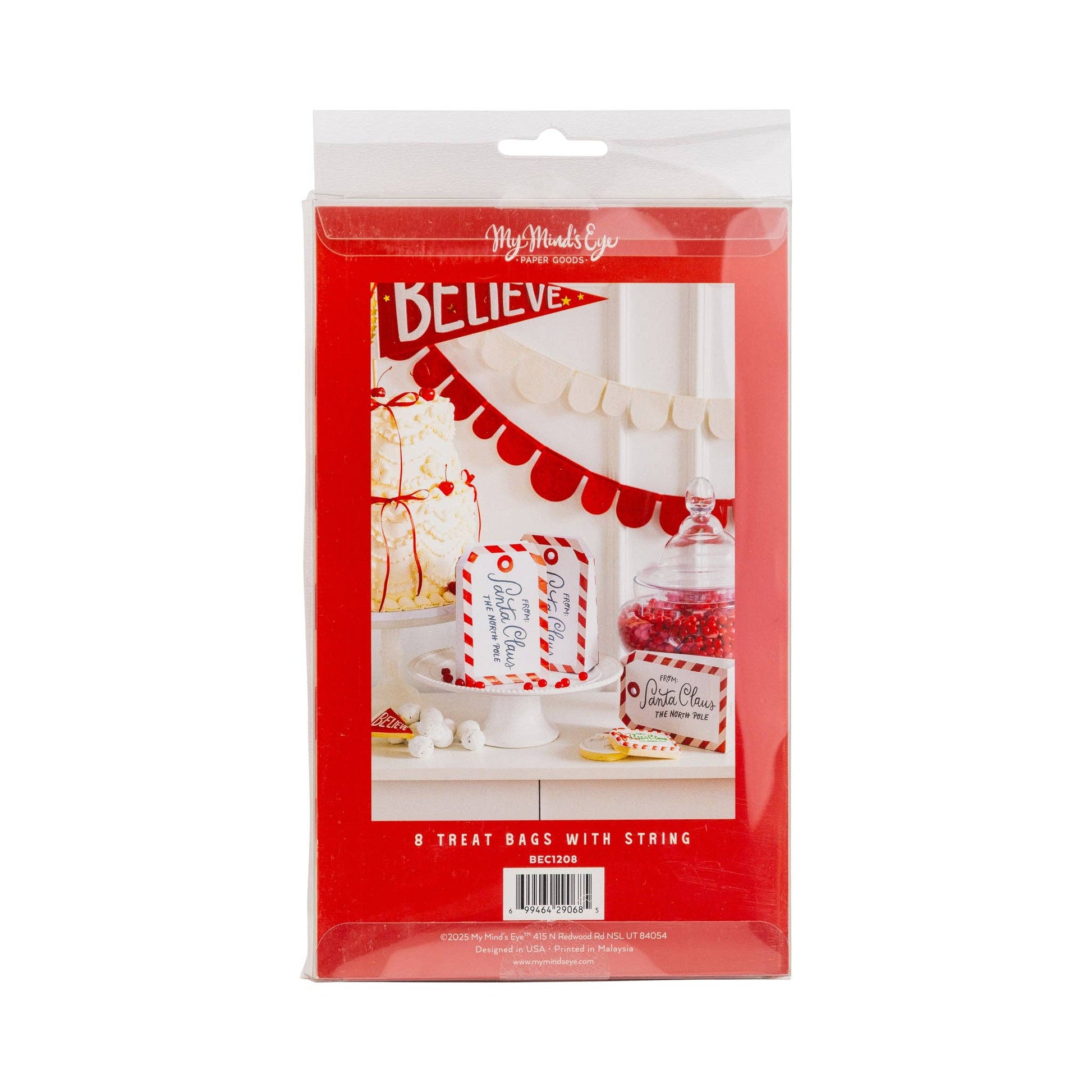 Back view of packaged Tag Treat Bags with holiday styling.