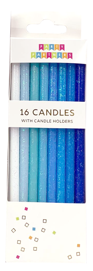 Pack of 16 blue candles with holders on a white background