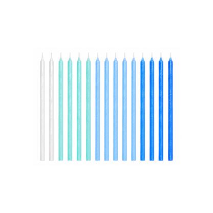 A set of sixteen taper candles arranged in a row, transitioning in color from translucent white to light aqua, sky blue, and royal blue, on a plain white background.