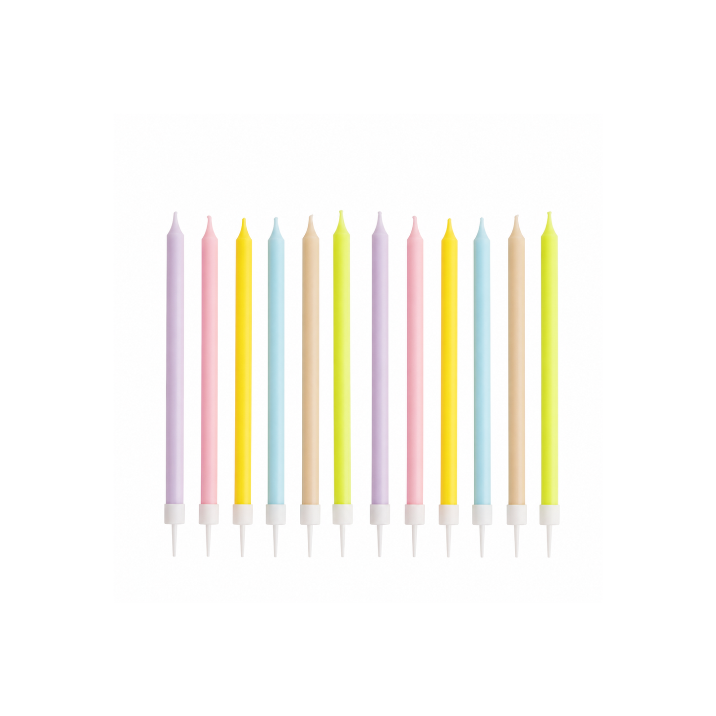 A set of ten pastel birthday candles in various colors including pink, yellow, blue, purple, beige, and green, arranged in a row on a solid white background.