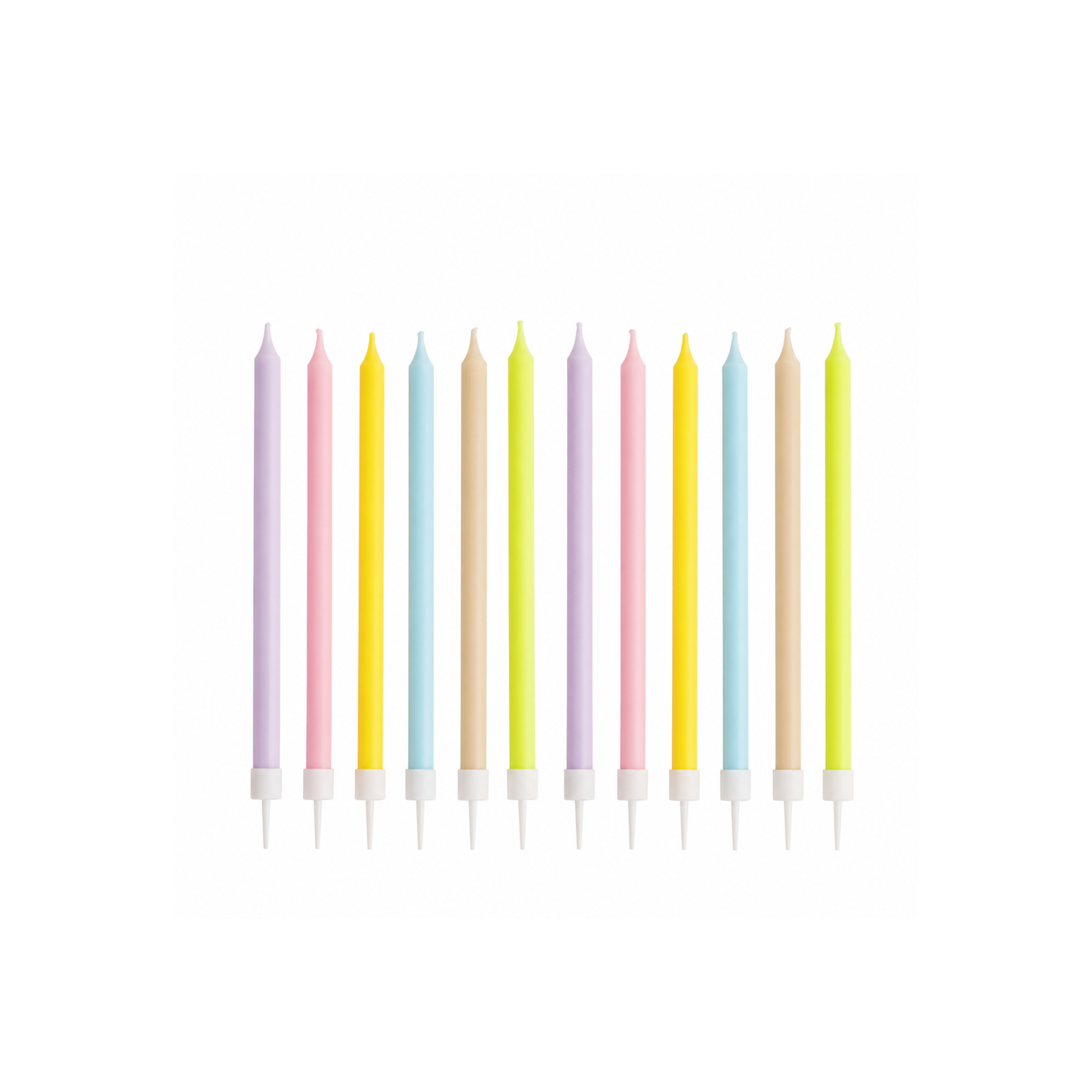 A set of ten pastel birthday candles in various colors including pink, yellow, blue, purple, beige, and green, arranged in a row on a solid white background.
