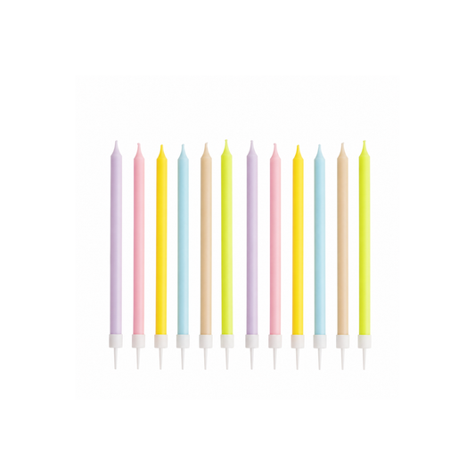 A set of ten pastel birthday candles in various colors including pink, yellow, blue, purple, beige, and green, arranged in a row on a solid white background.