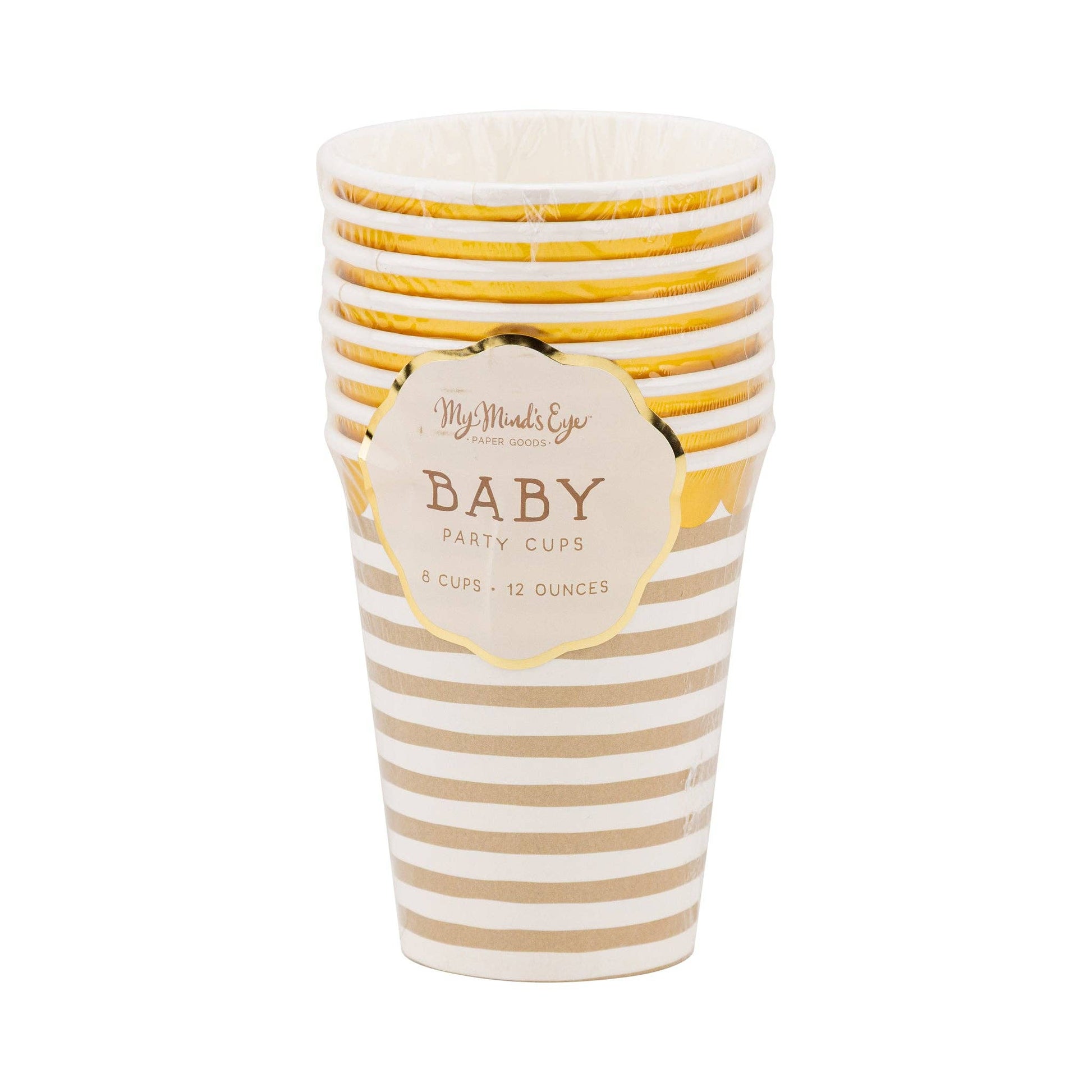 Set of tan and white striped paper cups with gold foil scalloped rim, perfect for Toronto baby showers.
