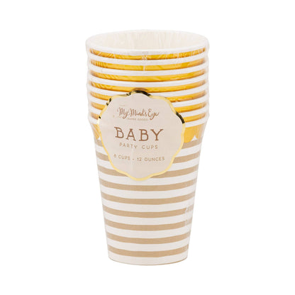 Set of tan and white striped paper cups with gold foil scalloped rim, perfect for Toronto baby showers.
