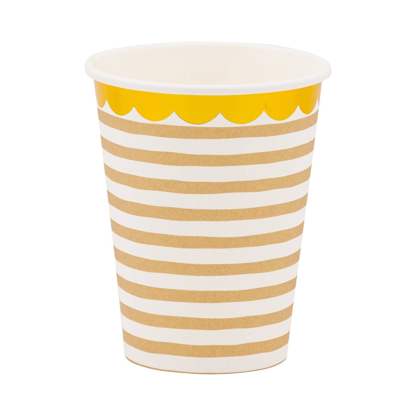 Tan striped gold scallop cup with gold scallop trim. Pack of 8.