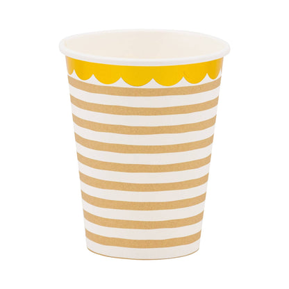 Tan striped gold scallop cup with gold scallop trim. Pack of 8.