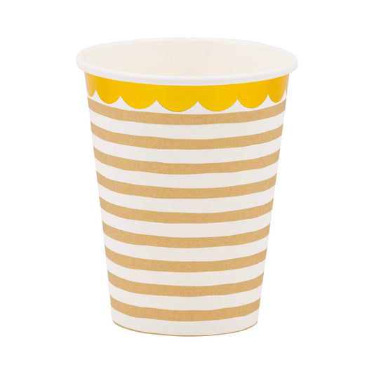 Tan striped gold scallop cup with gold scallop trim. Pack of 8.