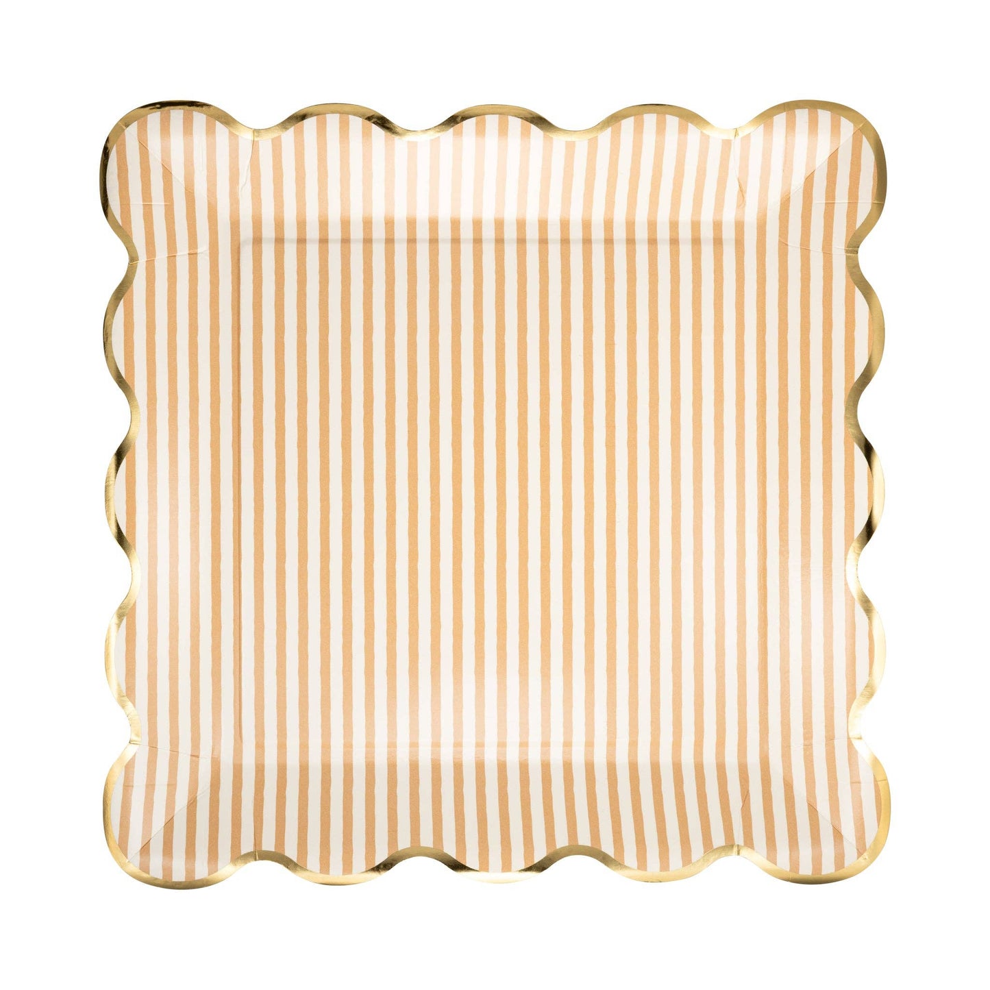 Tan striped paper plate with gold scalloped edge sold in Toronto at our party shop. Fast shipping across Canada.