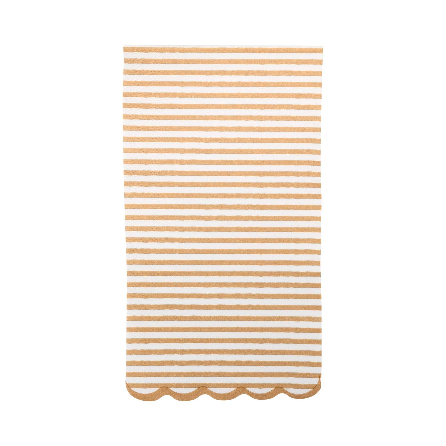 Neutral tan and white striped dinner napkin with scalloped edge, ideal for elegant baby showers and parties in Toronto.