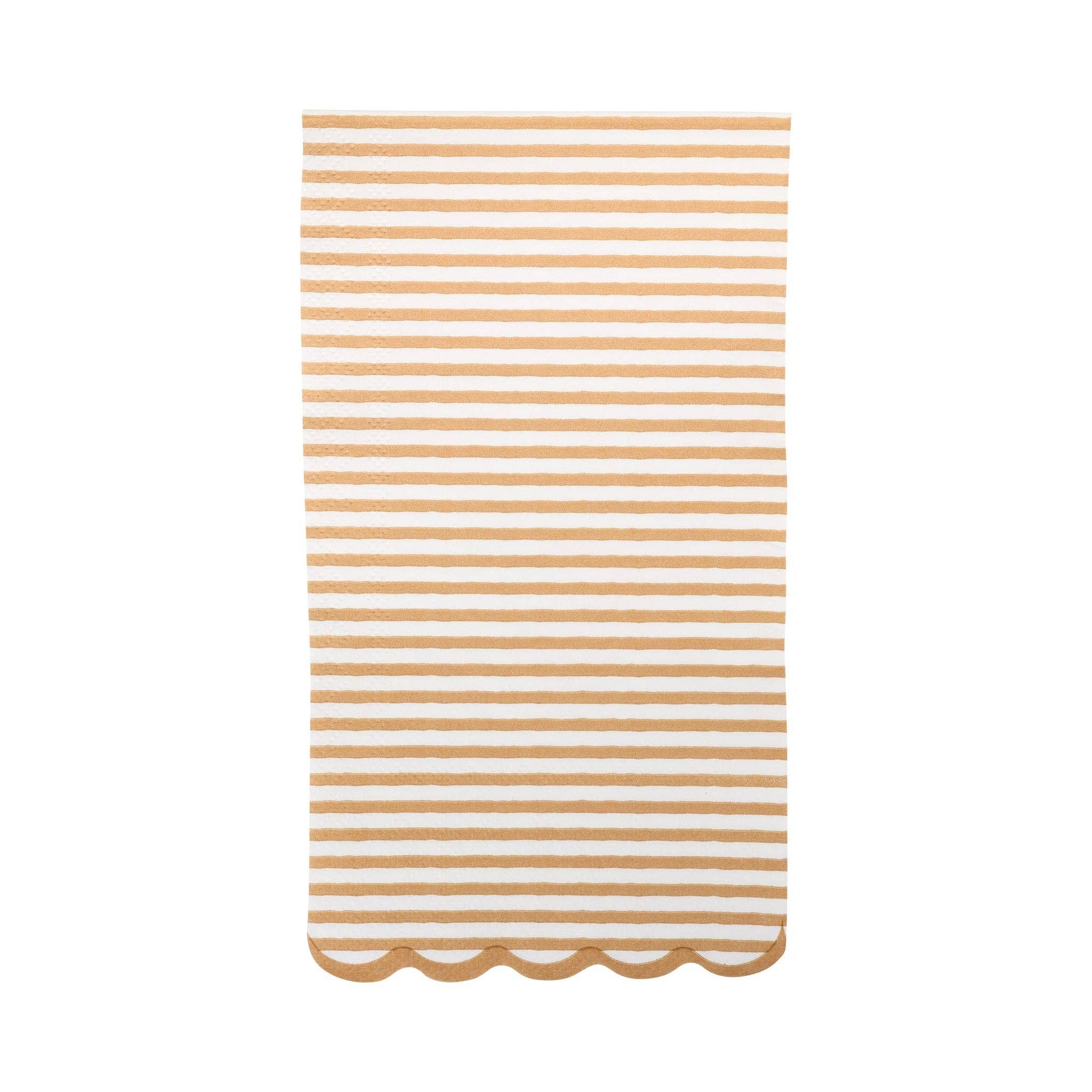 Neutral tan and white striped dinner napkin with scalloped edge, ideal for elegant baby showers and parties in Toronto.