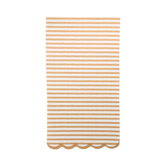 Neutral tan and white striped dinner napkin with scalloped edge, ideal for elegant baby showers and parties in Toronto.