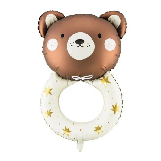 foil balloon in shape of rattle with teddy bear face