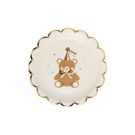 Round paper dessert plate with teddy bear design and gold scalloped edge, perfect for Toronto baby showers.