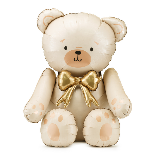 Large beige teddy bear foil balloon with shiny gold bow, perfect for baby showers and parties, shipping across Canada