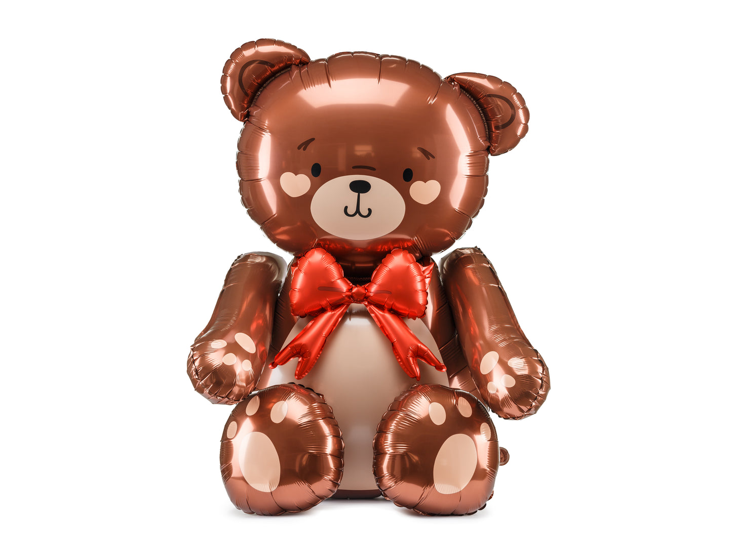 Brown teddy bear foil balloon with red bow, seated upright, sold in Toronto at Confetti My Party with fast Canada-wide shipping.”