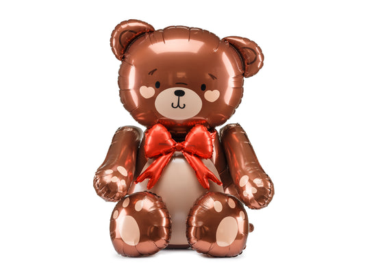 Brown teddy bear foil balloon with red bow, seated upright, sold in Toronto at Confetti My Party with fast Canada-wide shipping.”