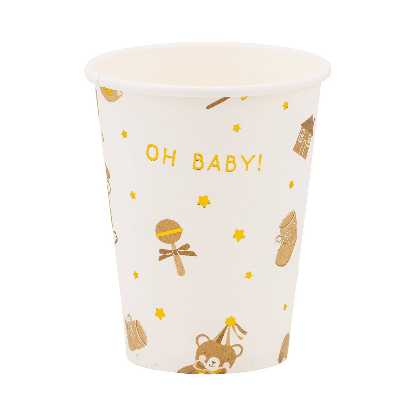 Neutral paper cup with teddy bear, baby icons, and gold foil details, perfect for Toronto baby showers.