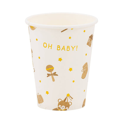 Neutral paper cup with teddy bear, baby icons, and gold foil details, perfect for Toronto baby showers.