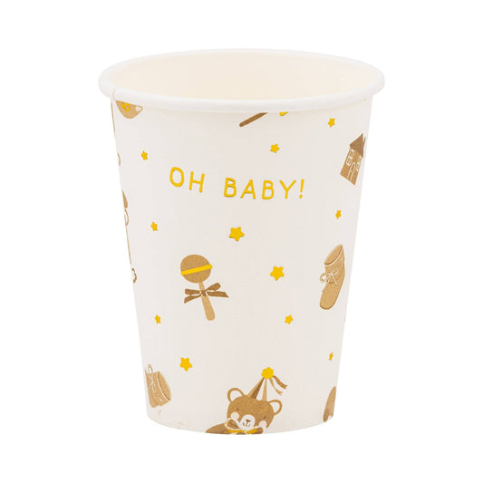 Neutral paper cup with teddy bear, baby icons, and gold foil details, perfect for Toronto baby showers.