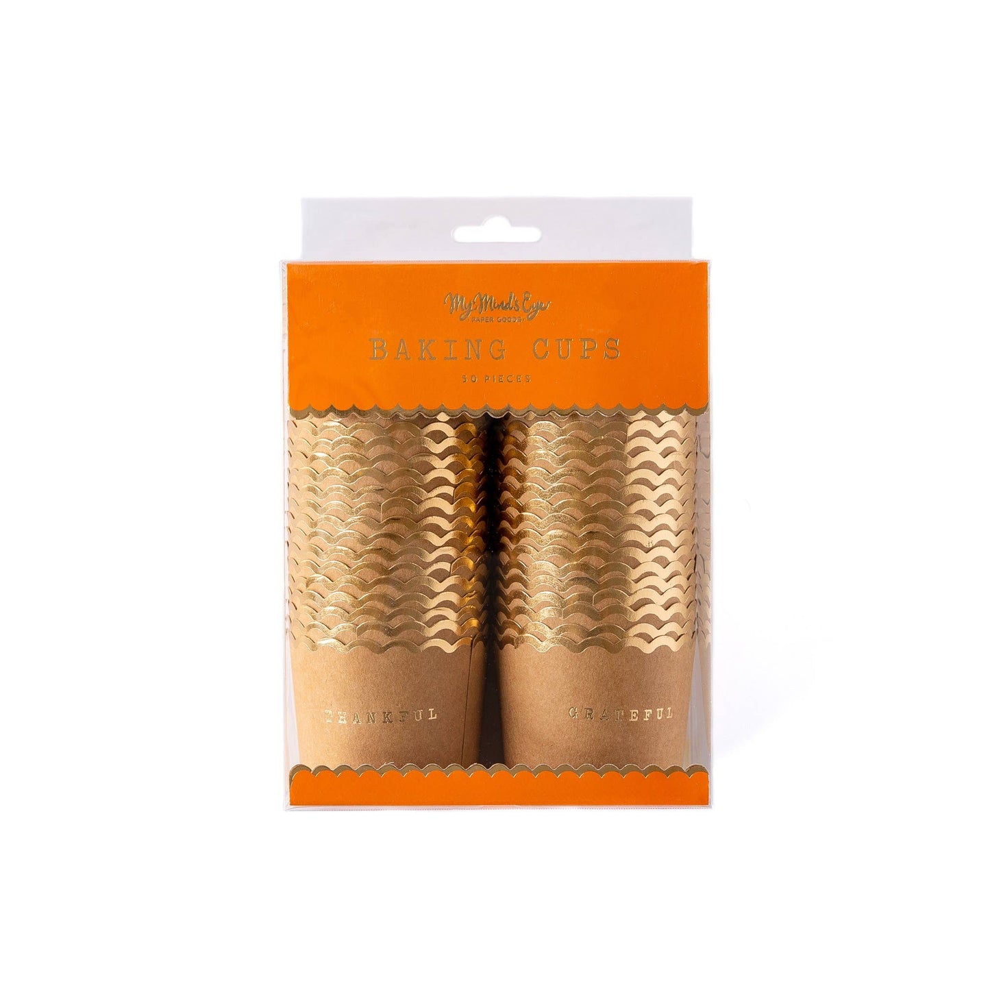 Packaged set of 50 kraft baking cups with “Thankful” and “Grateful” designs, available in Toronto and shipping across Canada.
