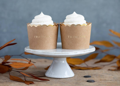Cupcakes styled in kraft “Thankful” and “Grateful” baking cups with gold foil detail, available in Toronto and shipping across Canada