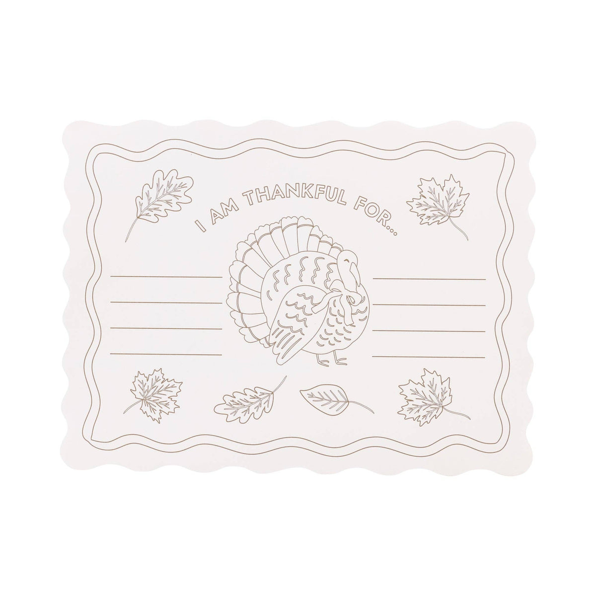Cream Thanksgiving paper placemat with turkey, fall leaves and I Am Thankful For activity