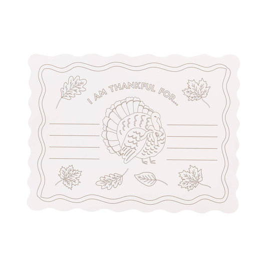 Cream Thanksgiving paper placemat with turkey, fall leaves and I Am Thankful For activity