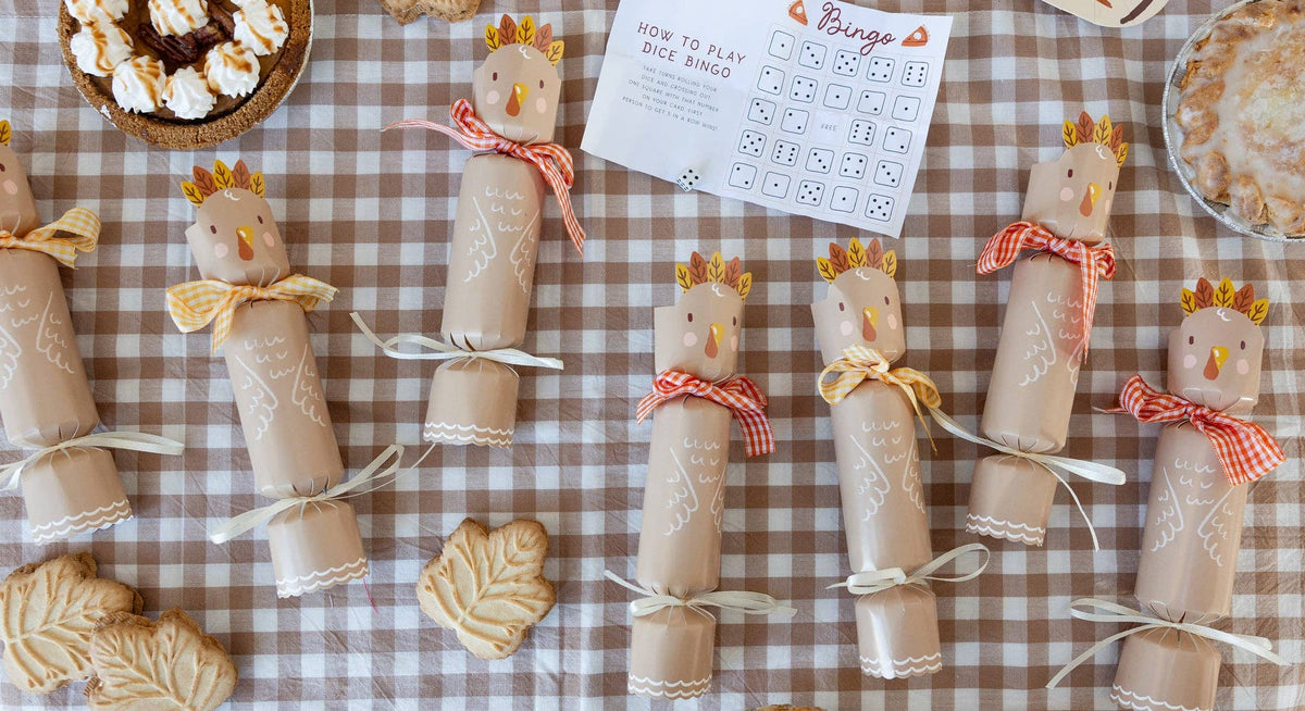 Turkey party crackers arranged on a Thanksgiving table
