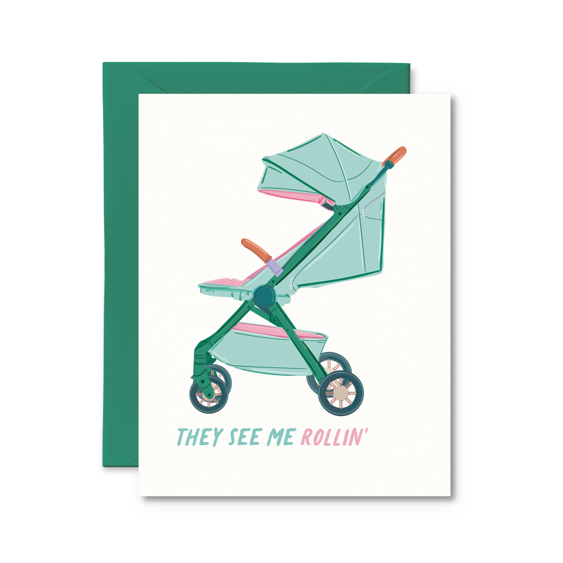 Funny baby shower card with stroller illustration available at our Toronto party shop
